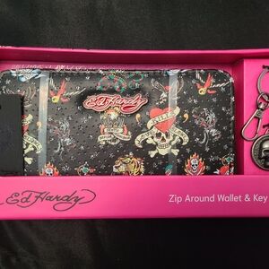 Ed Hardy Black Zip Around Wallet & Keychain Set Rhinestone
